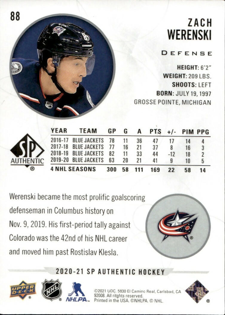 2020-21 Upper Deck Sp Authentic Hockey - Base #88 Zach Werenski - Columbus Blue Jackets - B