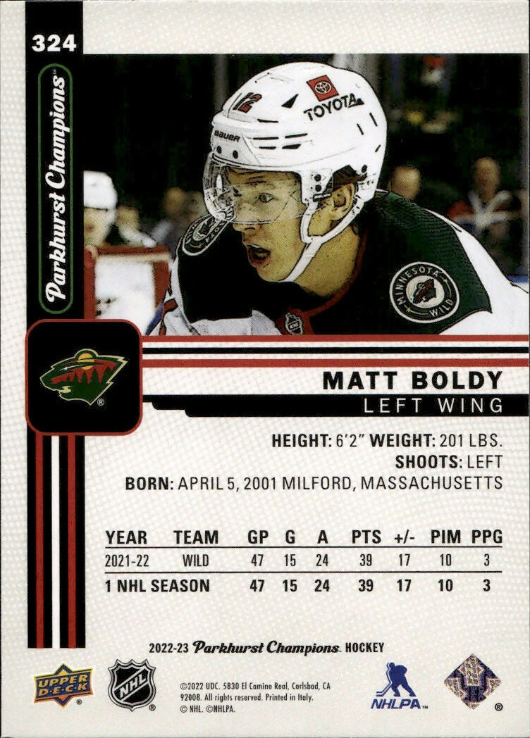 2022-23 Upper Deck Parkhurst Champions - Base #324 Matt Boldy - Minnesota Wild - B