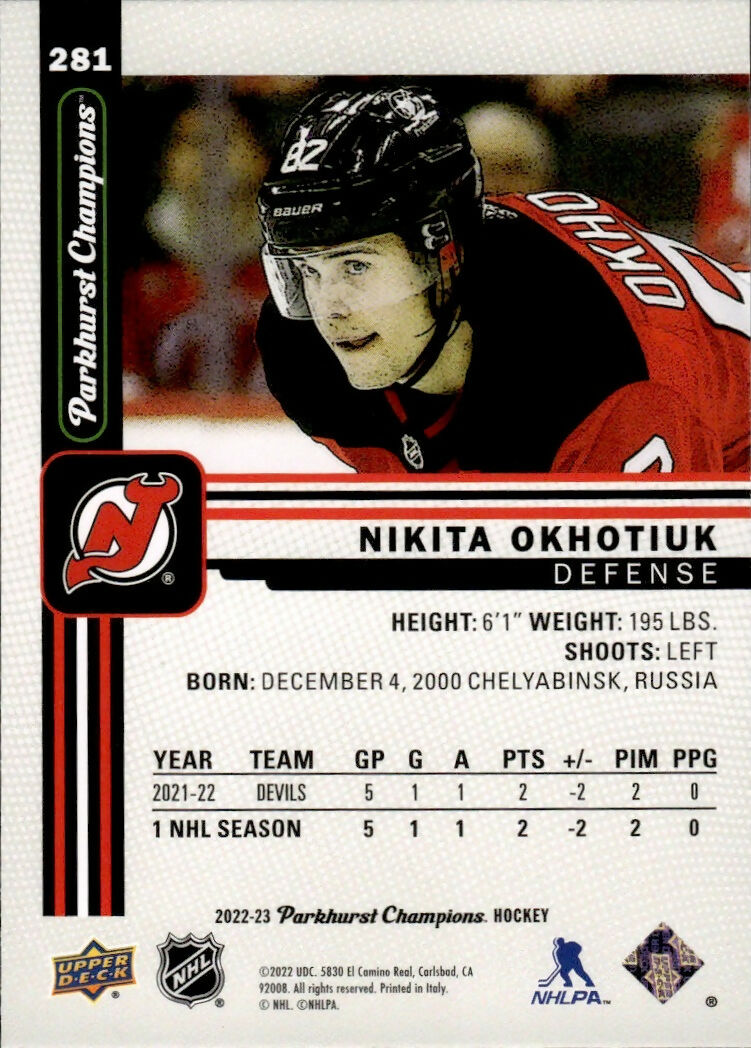 2022-23 Upper Deck Parkhurst Champions - Base - Rookie #281 Nikita Okhotiuk - New Jersey Devils