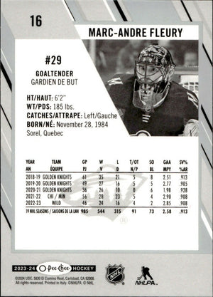 2023-24 Upper Deck O-Pee-Chee Hockey - Base #16 Marc-Andre Fleury - Minnesota Wild - B