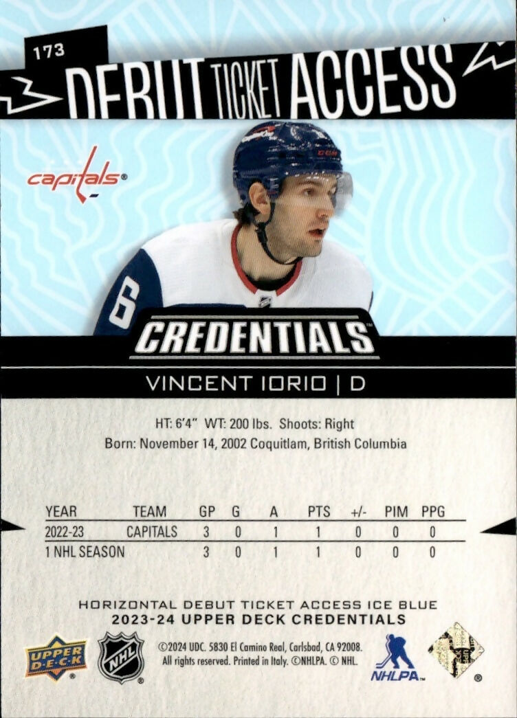 2023-24 Upper Deck Credentials Hockey - Debut Ticket Access - Blue :599 #173 Vincent Iorio - Washington Capitals - B