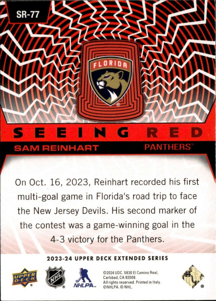 2023-24 Upper Deck Extended Series Hockey - Seeing Red #SR-77 Sam Reinhart - Florida Panthers - B