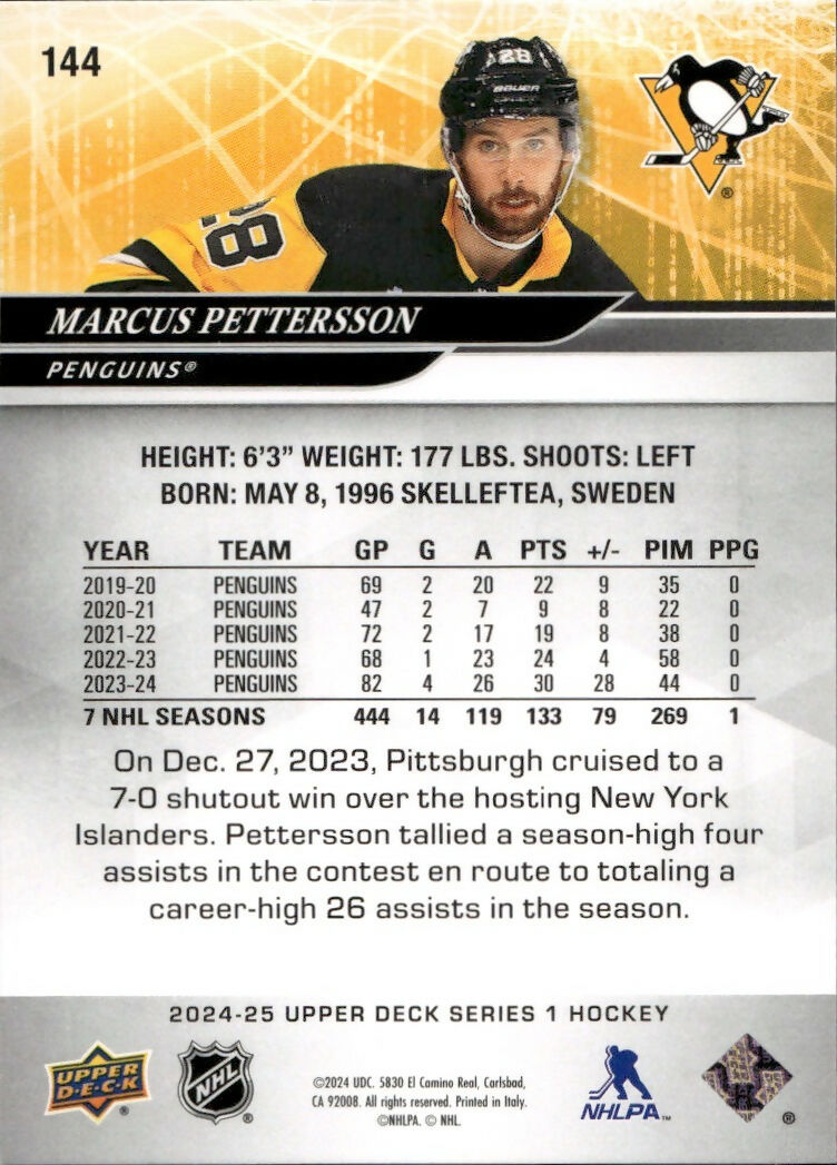 2024-25 Upper Deck Series 1 Hockey - Base #144 Marcus Pettersson - Pittsburgh Penguins - B