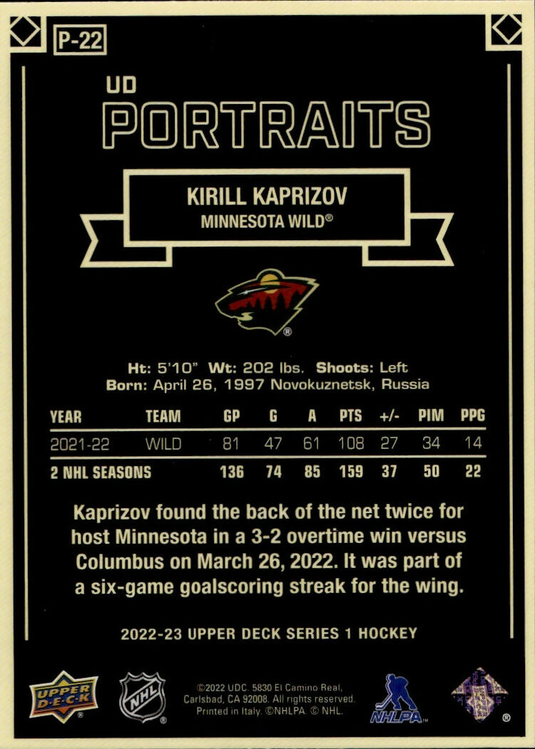 2022-23 Upper Deck Series 1 Hockey - Portraits #P-22 Kirill Kaprizov - Minnesota Wild - B