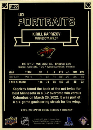 2022-23 Upper Deck Series 1 Hockey - Portraits #P-22 Kirill Kaprizov - Minnesota Wild - B