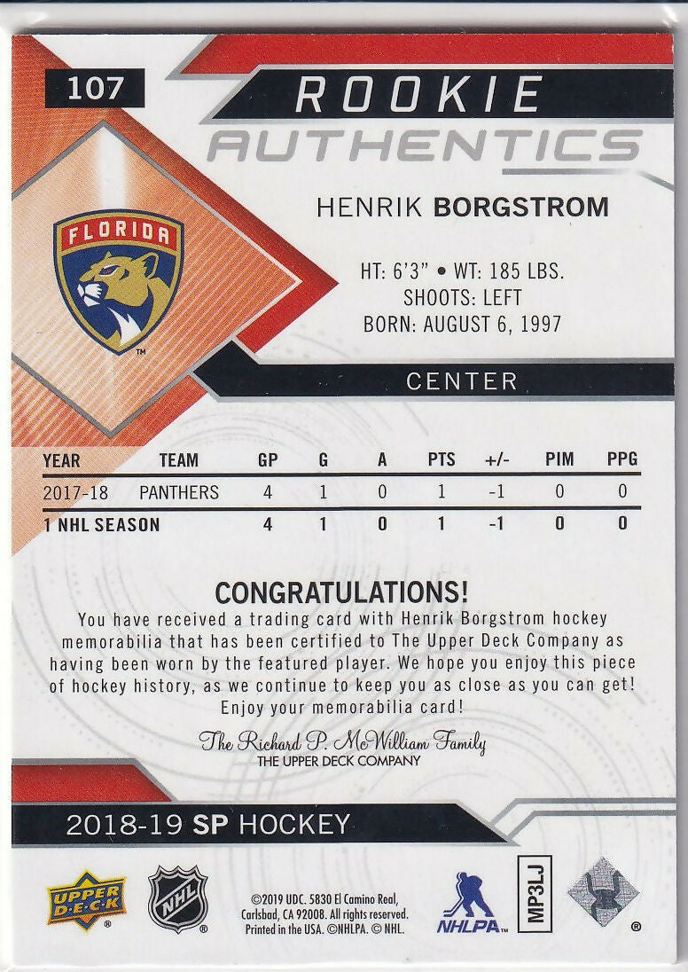 2018-19 SP Rookie Authentics Jerseys #107 Henrik Borgstrom Florida Panthers Rookie