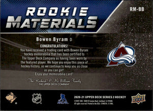 2020-21 Upper Deck Series 2 Hockey - Rookie Materials #RM-BB Bowen Byram - Colorado Avalanche