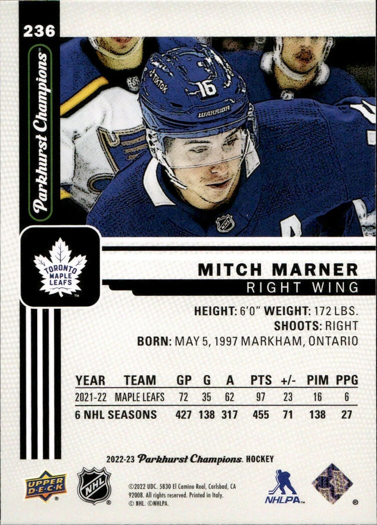 2022-23 Upper Deck Parkhurst Champions - Base #236 Mitch Marner - Toronto Maple Leafs - B