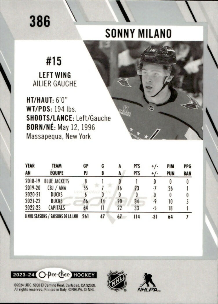 2023-24 Upper Deck O-Pee-Chee Hockey - Base #386 Sonny Milano - Washington Capitals - B