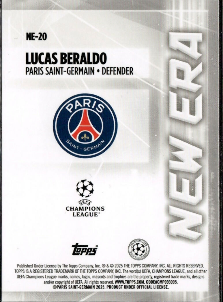 2024-25 Topps UEFA Club Competitions - New Era #NE-20 Lucas Beraldo - Paris Saint-Germain - B