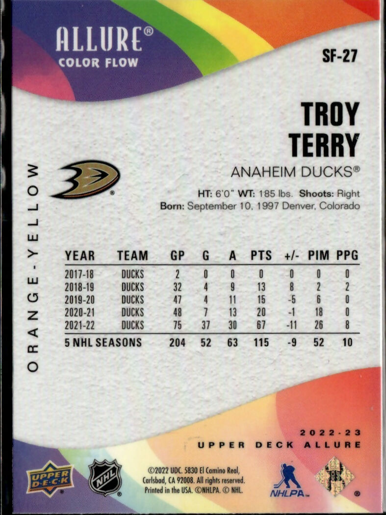 2022-23 Upper Deck Allure Hockey - Color Flow - Orange-Yellow #SF-27 Troy Terry - Anaheim Ducks