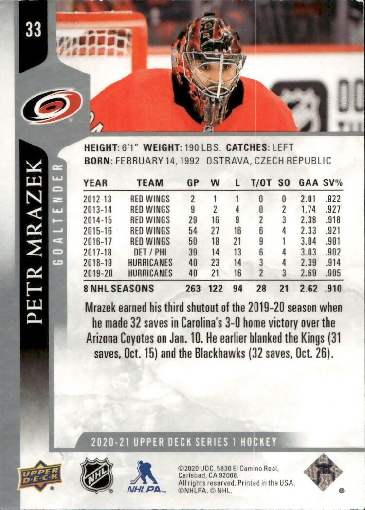 2020-21 Upper Deck Series 1 Hockey - Base #33 Petr Mrazek - Carolina Hurricanes