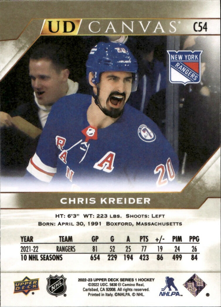 2022-23 Upper Deck Series 1 Hockey - UD Canvas #C54 Chris Kreider - New York Rangers - B