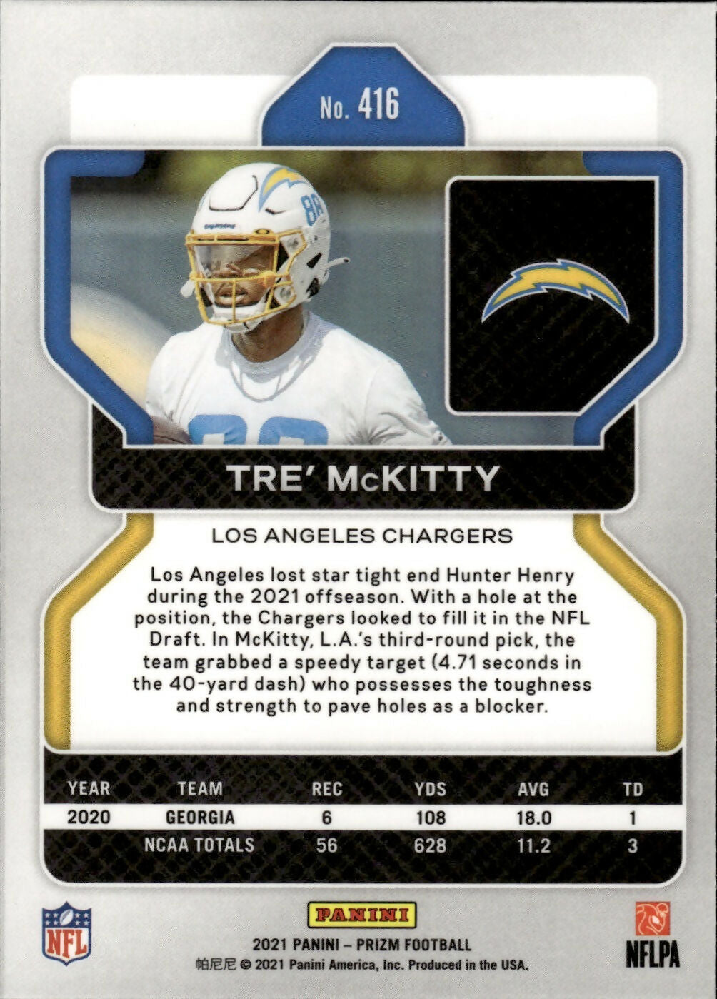 2021 Panini Prizm Football Base #416 Tre’ McKitty RC Los Angeles Chargers - B