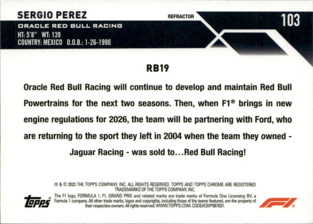 2023 Topps Chrome Formula 1 Base #103 - F1 Cars - Refractor Sergio Perez - Oracle Red Bull Racing - B