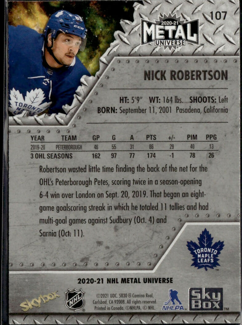 2020-21 SkyBox Metal Universe #107 Nick Robertson Toronto Maple Leafs Rookie