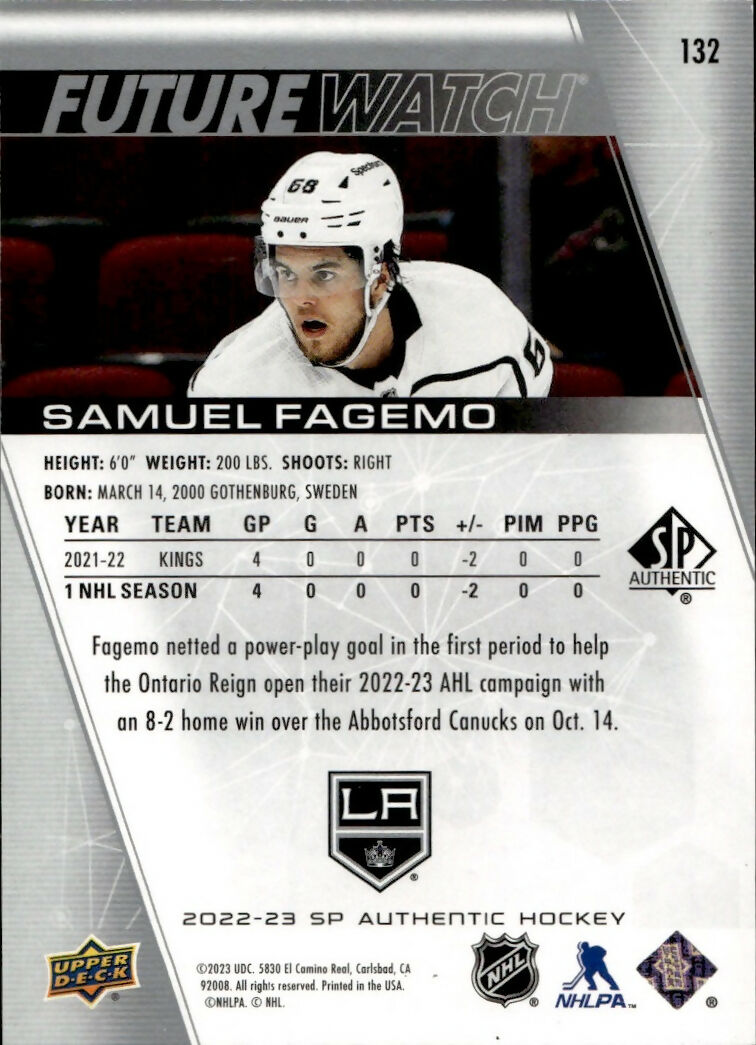 2022-23 Upper Deck SP Authentic Hockey - Base - Future Watch :999 #132 Samuel Fagemo - Los Angeles Kings - B