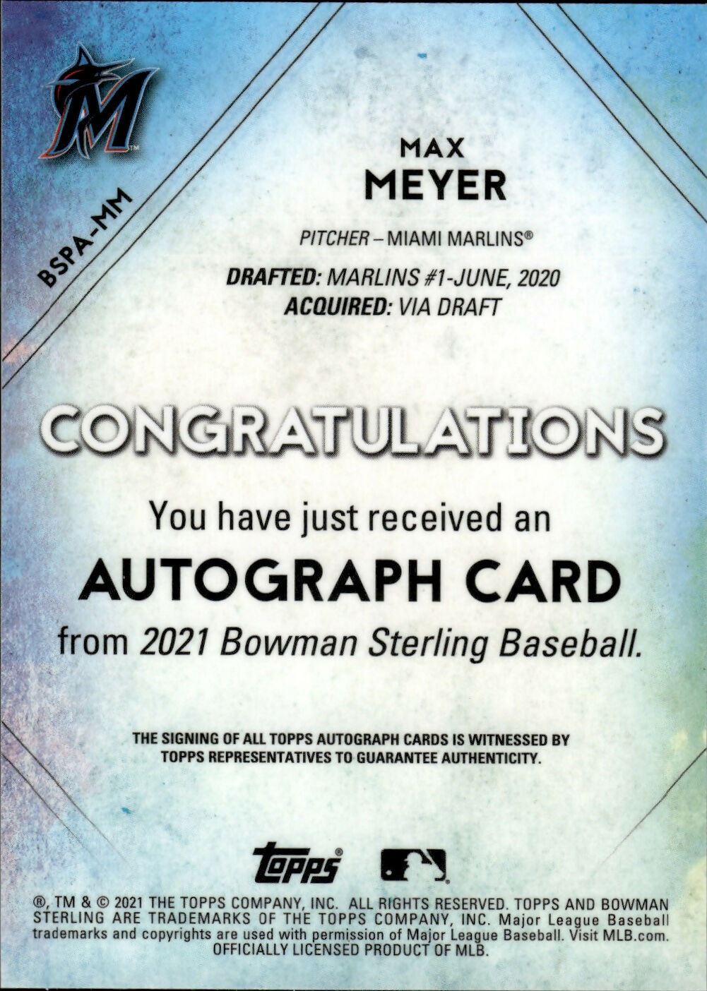 2021 Bowman Sterling Baseball - Prospect Autographs #BSPA-MM Max Meyer - Miami Marlins - B