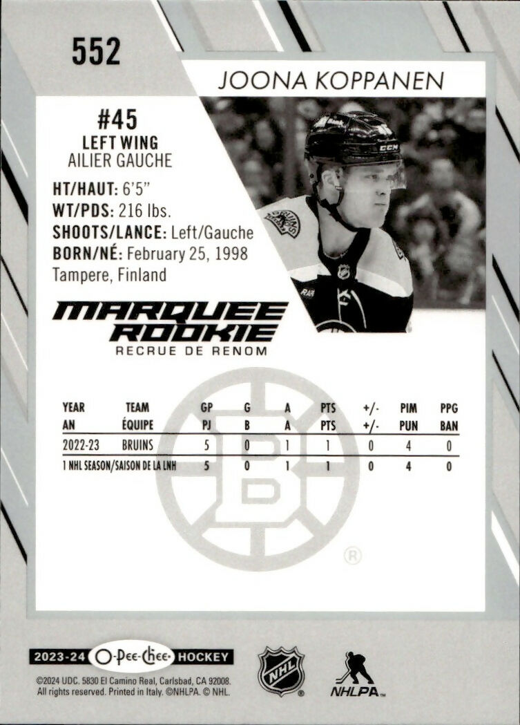 2023-24 Upper Deck O-Pee-Chee Hockey - Base - Marquee Rookies #552 Joona Koppanen - Boston Bruins - B