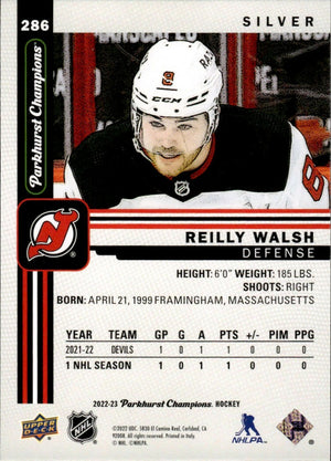 2022-23 Upper Deck Parkhurst Champions - Base - Rookie - Silver #286 Reilly Walsh - New Jersey Devils