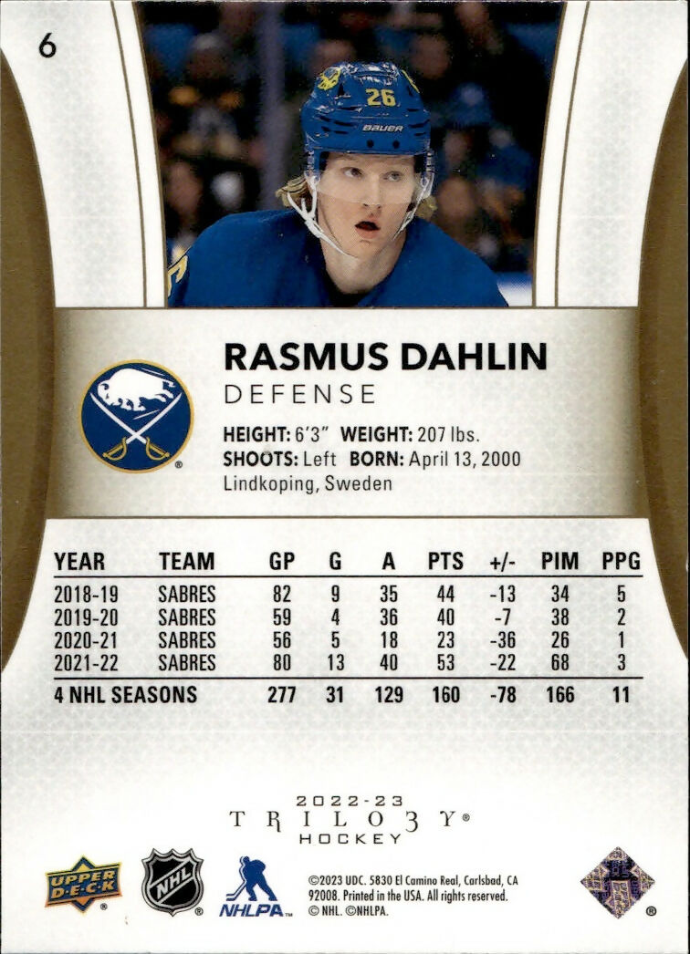 2022-23 Upper Deck Trilogy Hockey - Base #6 Rasmus Dahlin - Buffalo Sabres - B