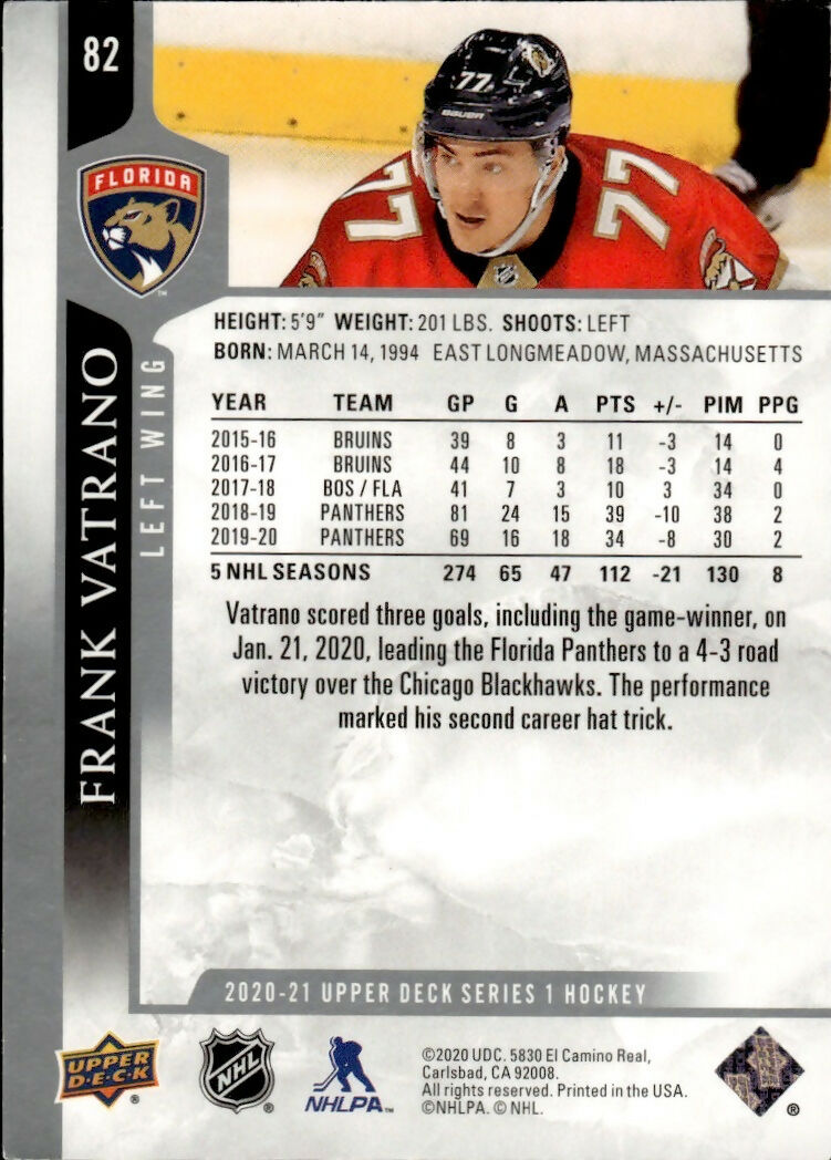 2020-21 Upper Deck Series 1 Hockey #82 Frank Vatrano - Florida Panthers