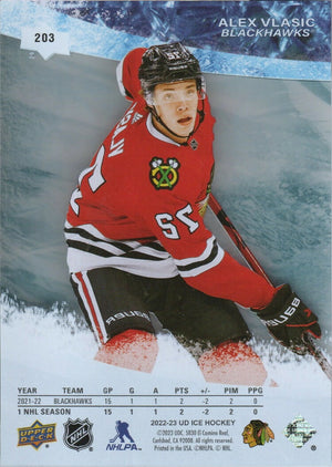 2022-23 Upper Deck Ice Hockey - Base - Ice Premiers /999 #203 Alex Vlasic - Chicago Blackhawks