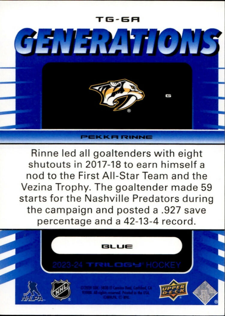 2023-24 Upper Deck Trilogy - Generations - Blue #TG-6A Pekka Rinne - Nashville Predators - B