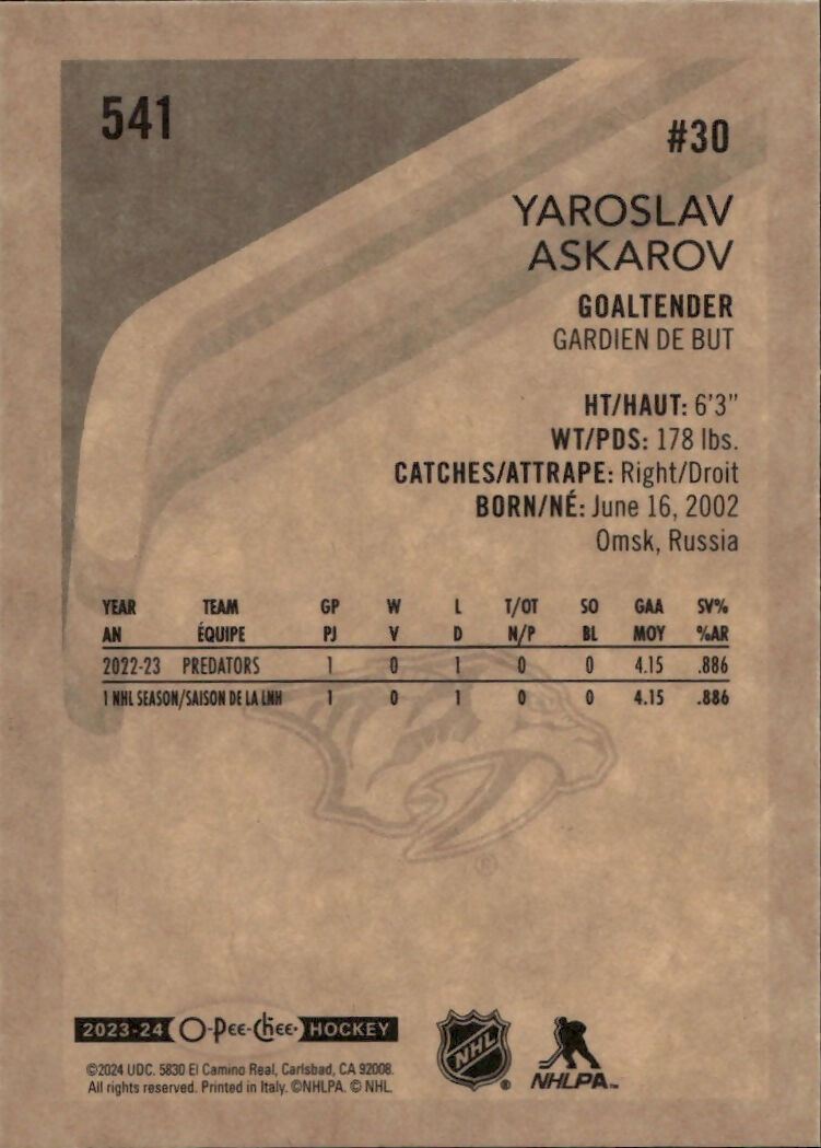 2023-24 Upper Deck O-Pee-Chee Hockey - Base - Retro #541 Yaroslav Askarov - Nashville Predators - B