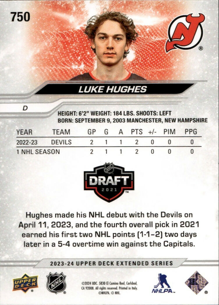 2023-24 Upper Deck Extended Series - Base - 1st Round Rookies #750 Luke Hughes - New Jersey Devils - B