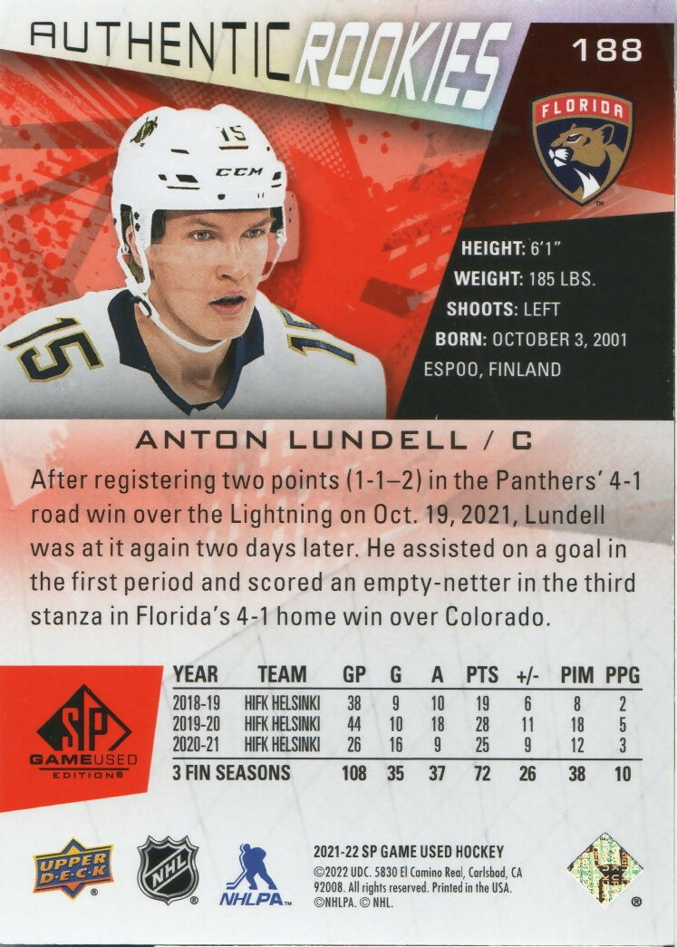 2021-22 Upper Deck SP Game Used Hockey - Base - Red Fragment - Authentic Rookies :205 #188 Anton Lundell - Florida Panthers - B