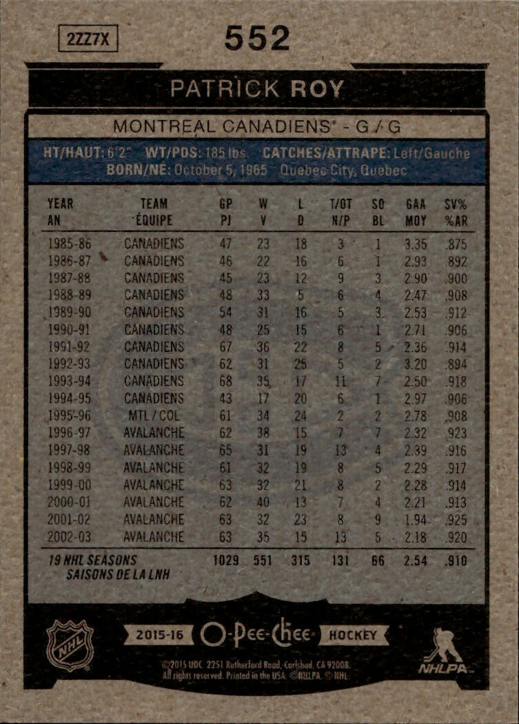 2015-16 Upper Deck O-Pee-Chee Hockey - Base - Marquee Legends #552 Patrick Roy - Montreal Canadiens