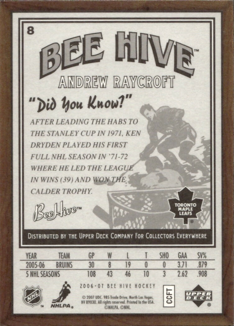 2006-07 Upper Deck - Bee Hive Hockey - Base #8 Andrew Raycroft - Toronto Maple Leafs - B