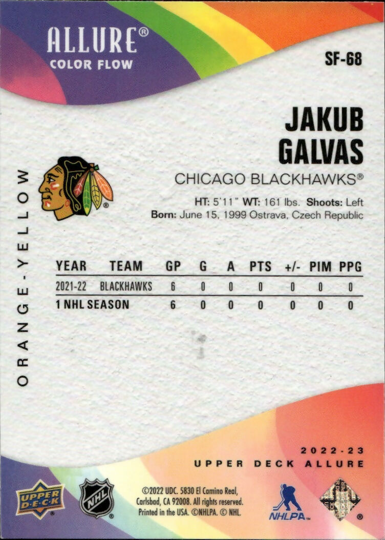 2022-23 Upper Deck Allure Hockey - Color Flow - Orange-Yellow #SF-68 Jakub Galvas - Chicago Blackhawks - B
