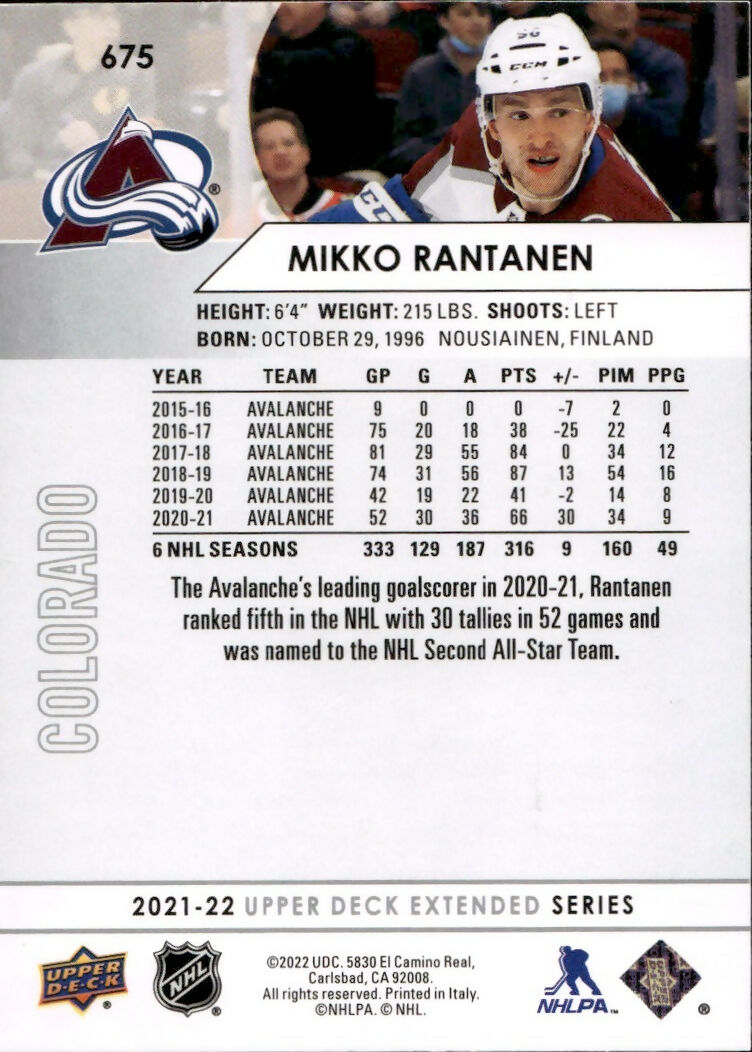 2021-22 Upper Deck Extended Series Hockey - Base #675 Miiko Rantanen - Colorado Avalanche - B