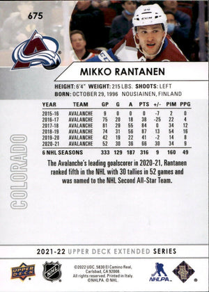 2021-22 Upper Deck Extended Series Hockey - Base #675 Miiko Rantanen - Colorado Avalanche - B
