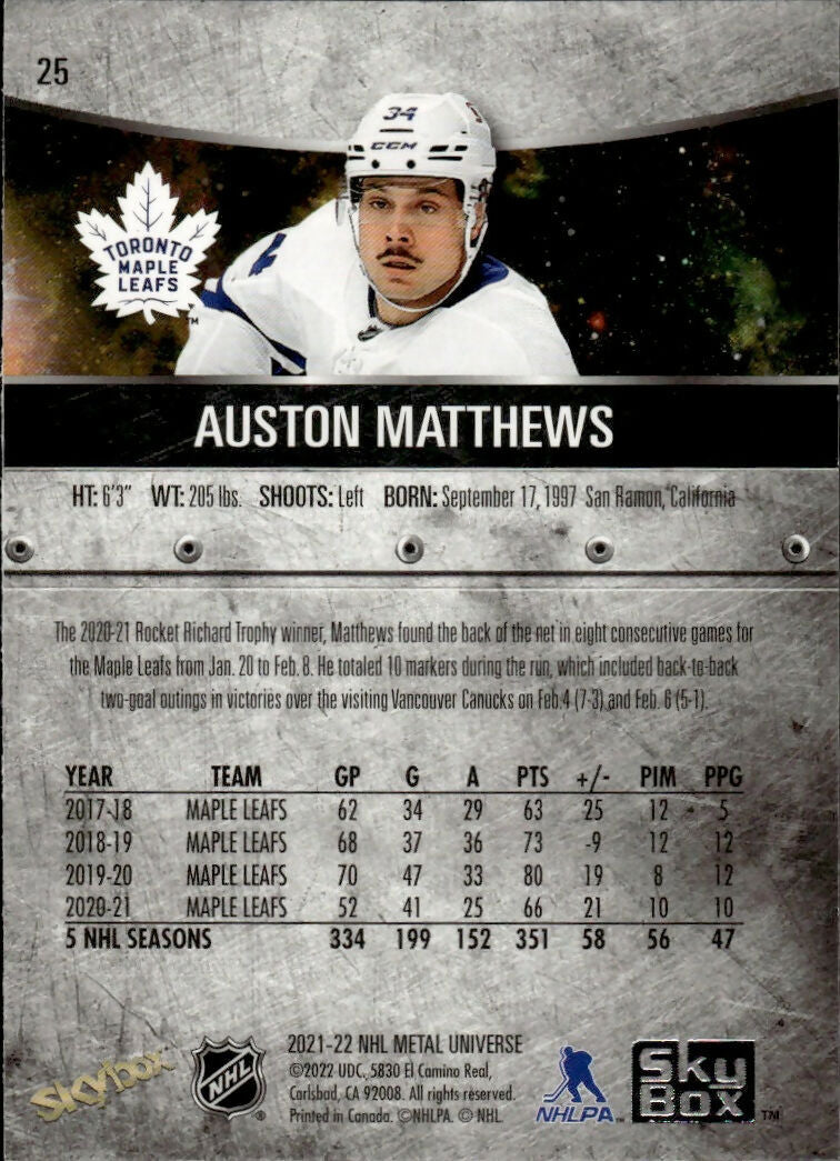 2021-22 Upper Deck Skybox Metal Universe Hockey Base #25 Auston Matthews - Toronto Maple Leafs - B