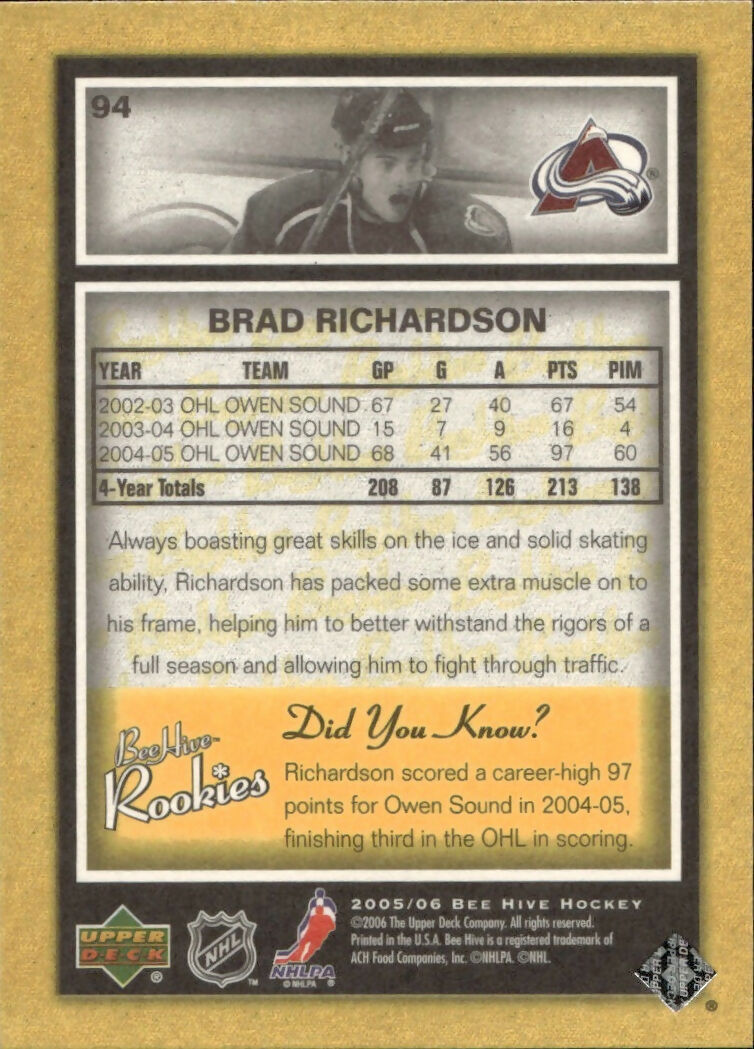 2005-06 Upper Deck Bee Hive - Base #94 Brad Richardson - Colorado Avalanche - B