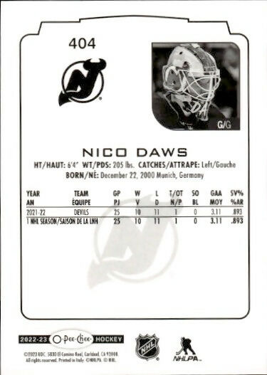 2022-23 Upper Deck O-Pee-Chee Hockey - Base - #404 Nico Daws - New Jersey Devils