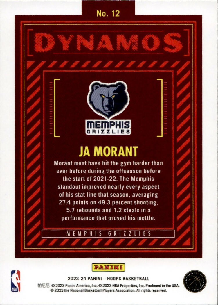 2023-24 Panini Hoops Basketball - Dynamos #12 Ja Morant - Memphis Grizzlies - B