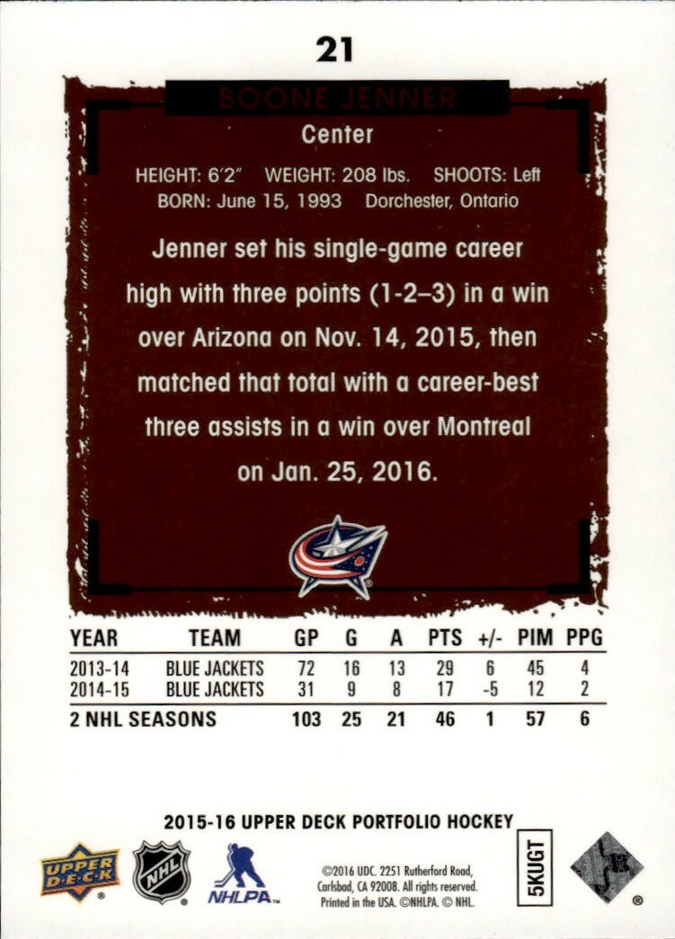 2015-16 Upper Deck Portfolio Hockey - Base #21 Boone Jenner - Columbus Blue Jackets