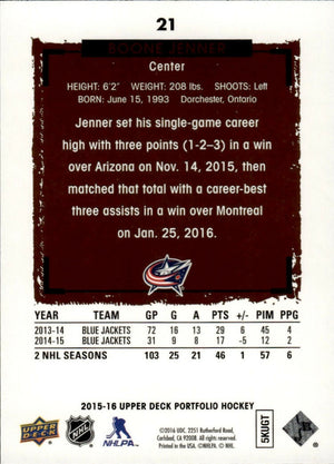 2015-16 Upper Deck Portfolio Hockey - Base #21 Boone Jenner - Columbus Blue Jackets