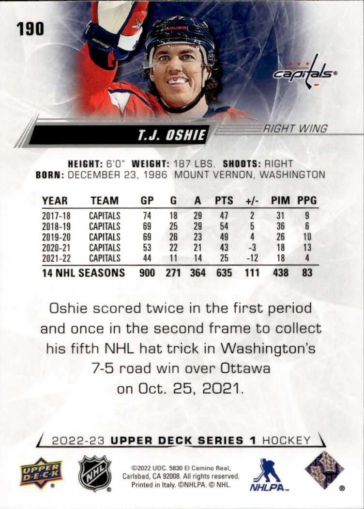 2022-23 Upper Deck Series 1 Hockey - Base #190 T.J. Oshie - Washington Capitals - B
