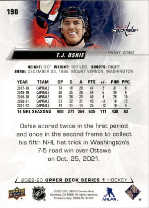 2022-23 Upper Deck Series 1 Hockey - Base #190 T.J. Oshie - Washington Capitals - B