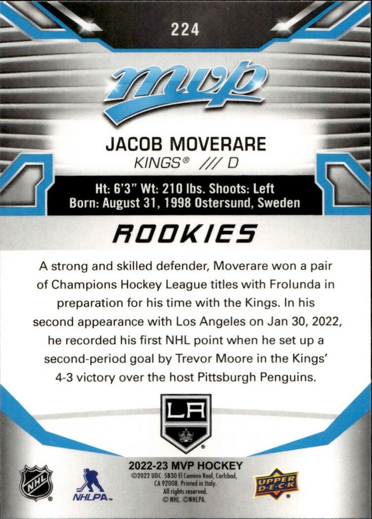 2022-23 Upper Deck MVP Hockey - Base - Rookies #224 Jacob Moverare - Los Angeles Kings