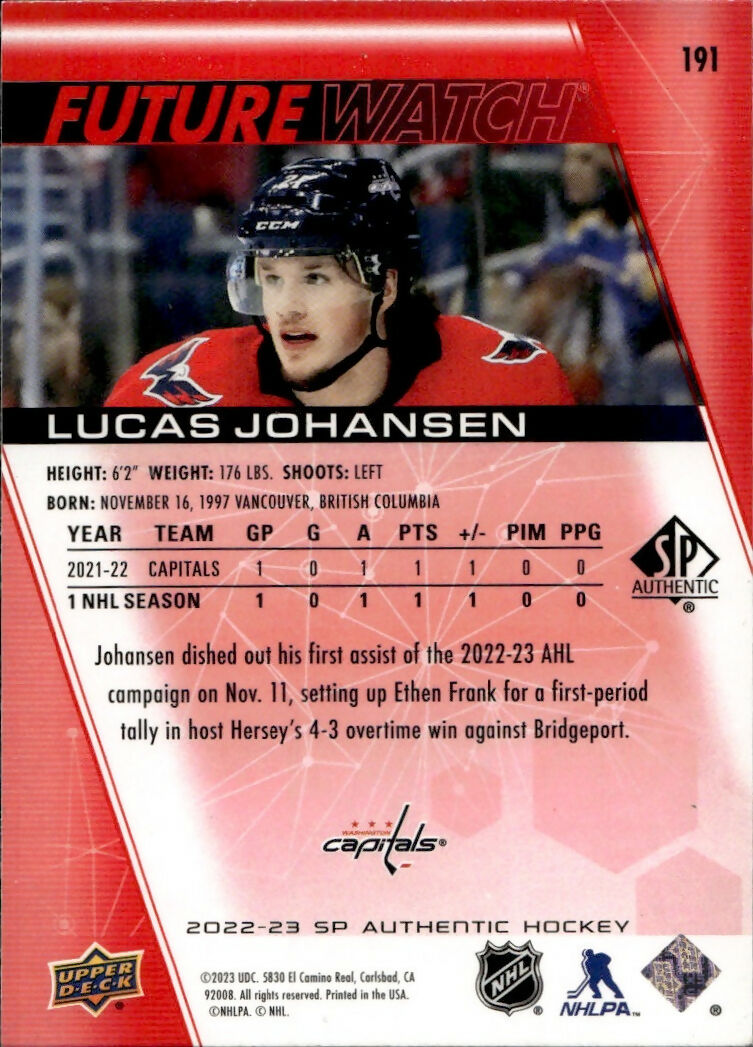 2022-23 Upper Deck SP Authentic Hockey - Base - Future Watch - Red #191 Lucas Johansen - Washington Capitals - B