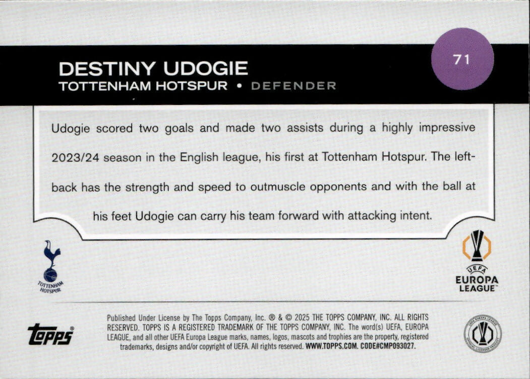 2024-25 Topps UEFA Club Competitions - Base #71 Destiny Udogie - Tottenham Hotspurs - B