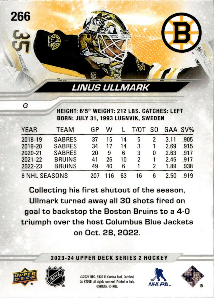 2023-24 Upper Deck Series 2 Hockey - Base #266 Linus Ullmark - Boston Bruins - B