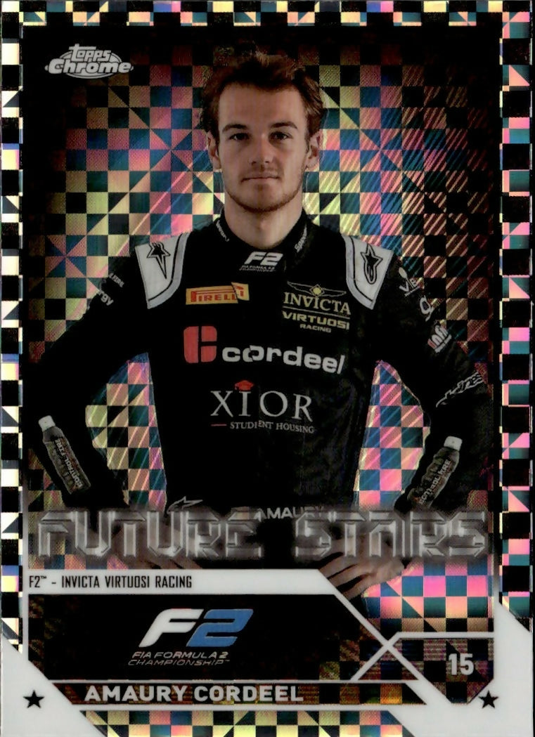 2023 Topps Chrome Formula 1 Base #73 - F2 Drivers - Refractor - Checker Flag X-factor Amaury Cordeel - F2 Invicta Virtuosi Racing - A