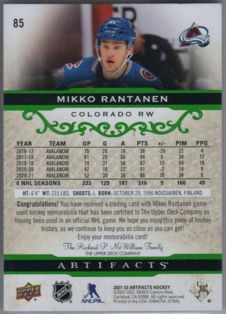 2021-22 Upper Deck Artifacts Hockey - Base - Emerald Material Relics  :65 #85 Mikko Rantanen - Colorado Aavalanche - B